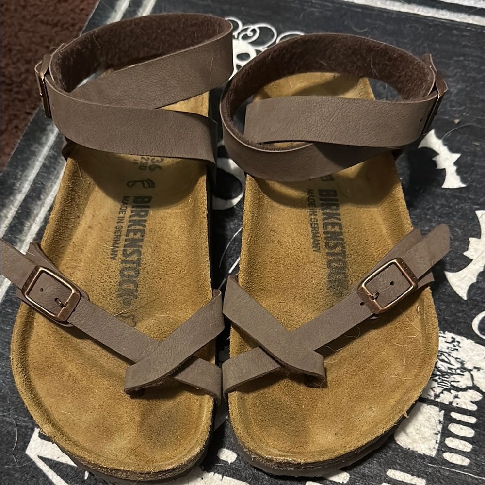 Birkenstock Brown Sandals with Contoured Footbed and Cross-Over Straps